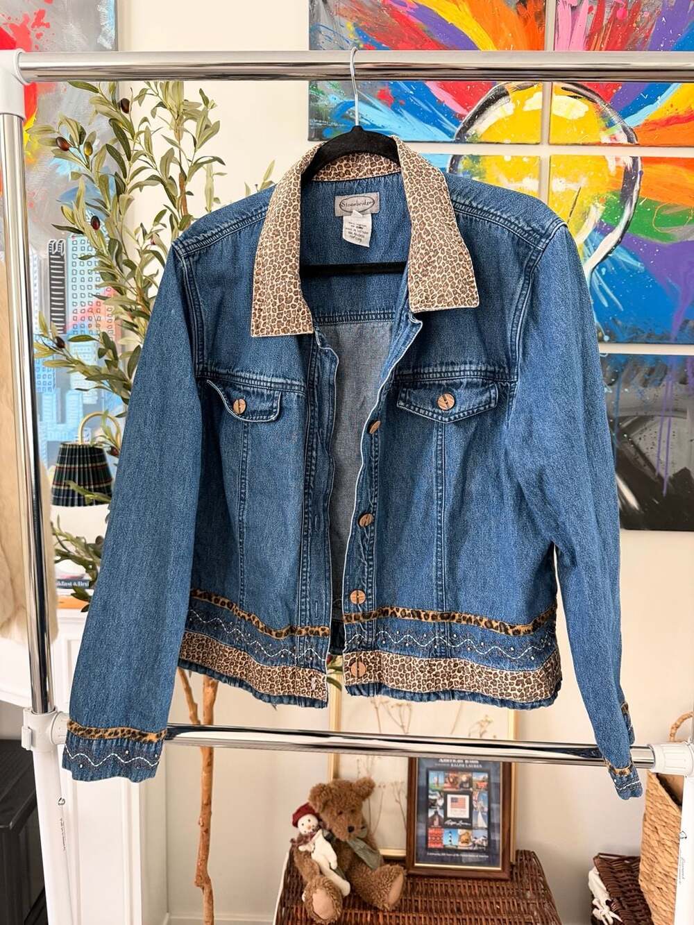 Y2K Vintage Western Country Boho Chic Leopard Print Beaded Trim Denim Jacket